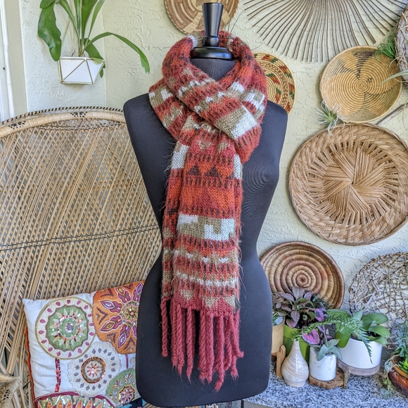 Urban Outfitters Rust Orange Red Winter Scarf Super Long Aztec Fuzzy Knit - Picture 1 of 16